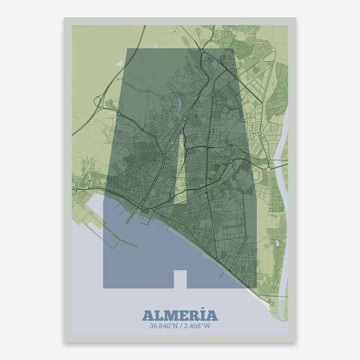 The map of Almeria composed with letters in a heavy geometric font printed on two green tones