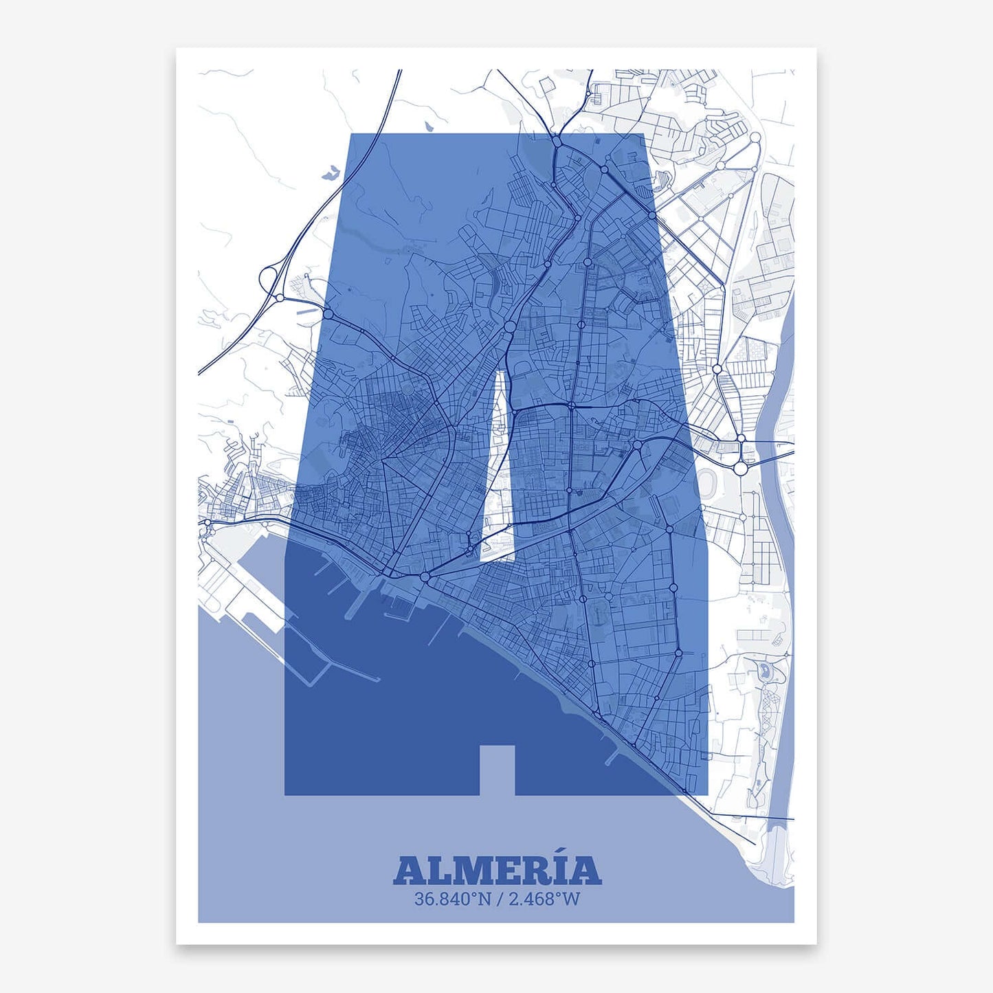 The map of Almeria composed with letters in a heavy geometric font printed on navy blue and white