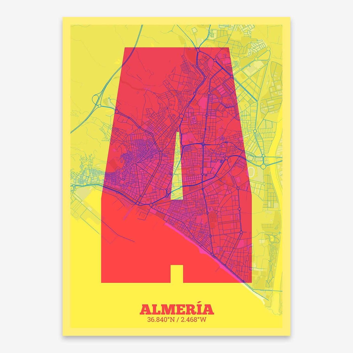 The map of Almeria composed with letters in a heavy geometric font printed on yellow and fuchsia