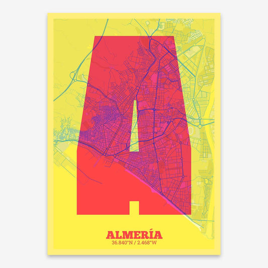 The map of Almeria composed with letters in a heavy geometric font printed on yellow and fuchsia