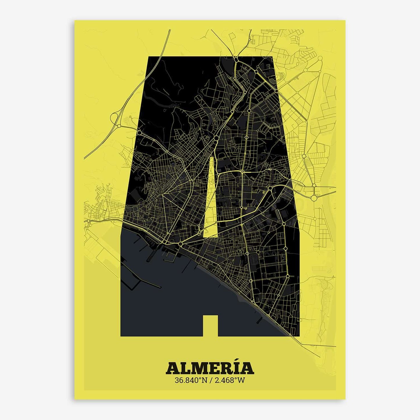 The map of Almeria composed with letters in a heavy geometric font printed on black and yellow