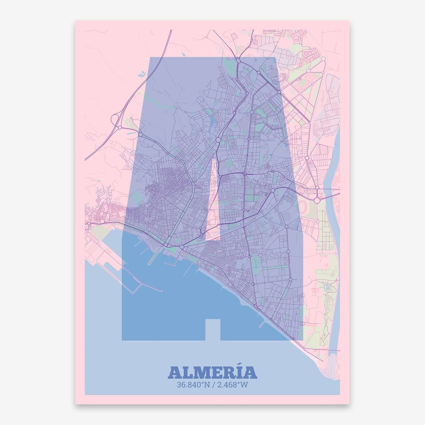 The map of Almeria composed with letters in a heavy geometric font printed on pink and light blue