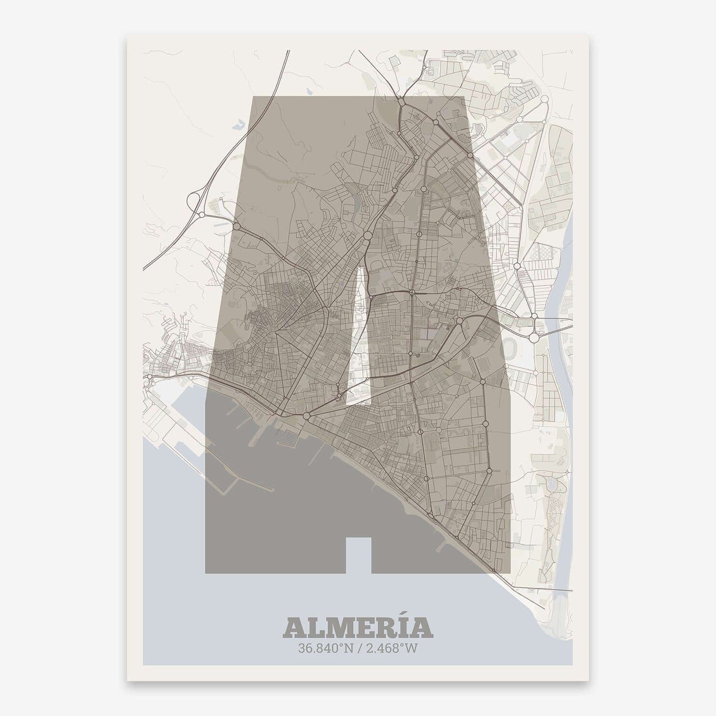 The map of Almeria composed with letters in a heavy geometric font printed on light brown and an off-white background