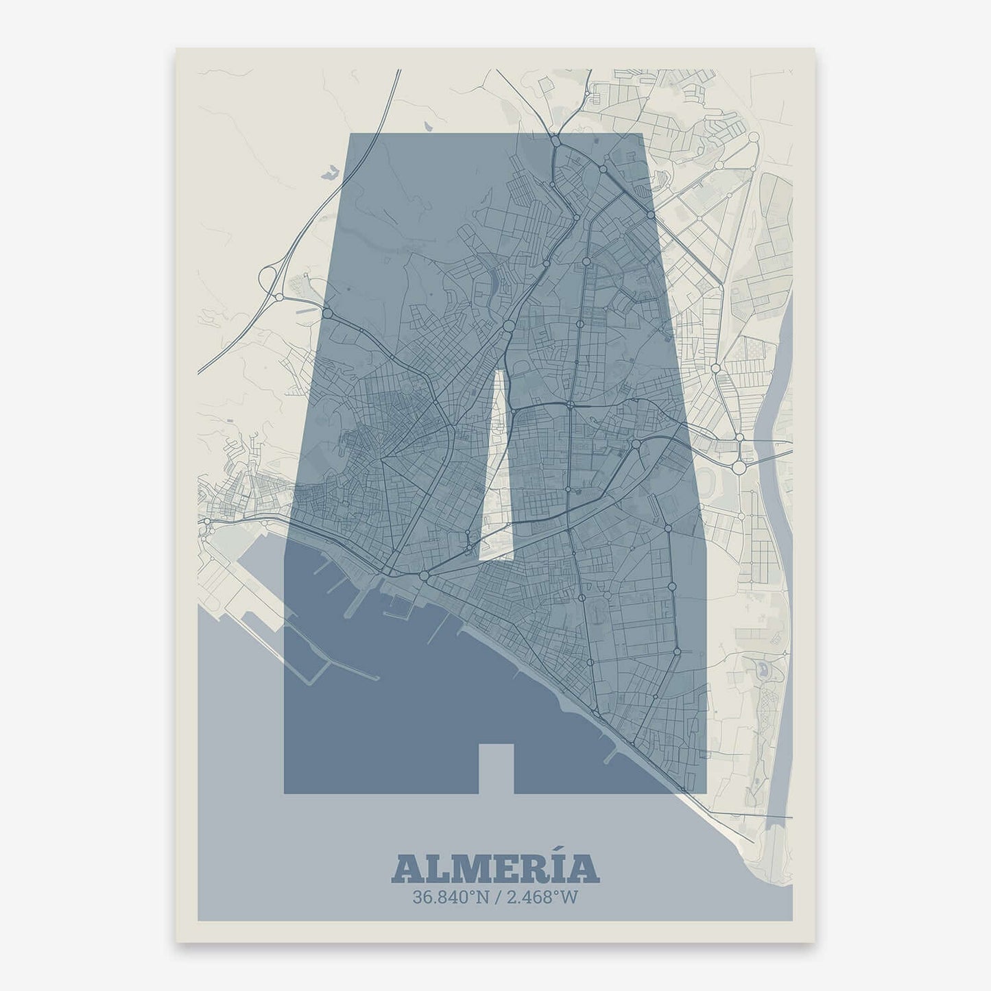 The map of Almeria composed with letters in a heavy geometric font printed on bluish gray and an off-white background