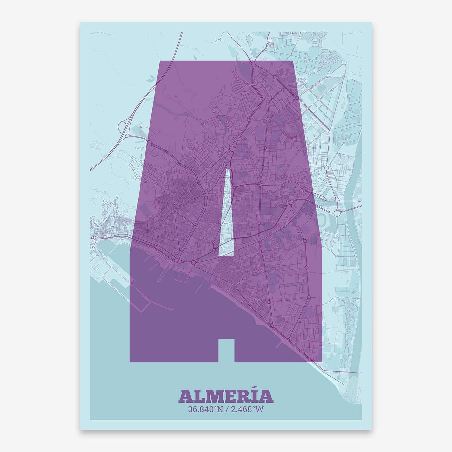 The map of Almeria composed with letters in a heavy geometric font printed on purple and light blue