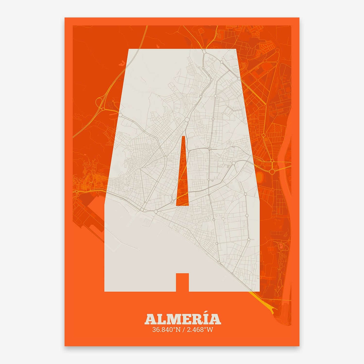 The map of Almeria composed with letters in a heavy geometric font printed on orange and an off-white background
