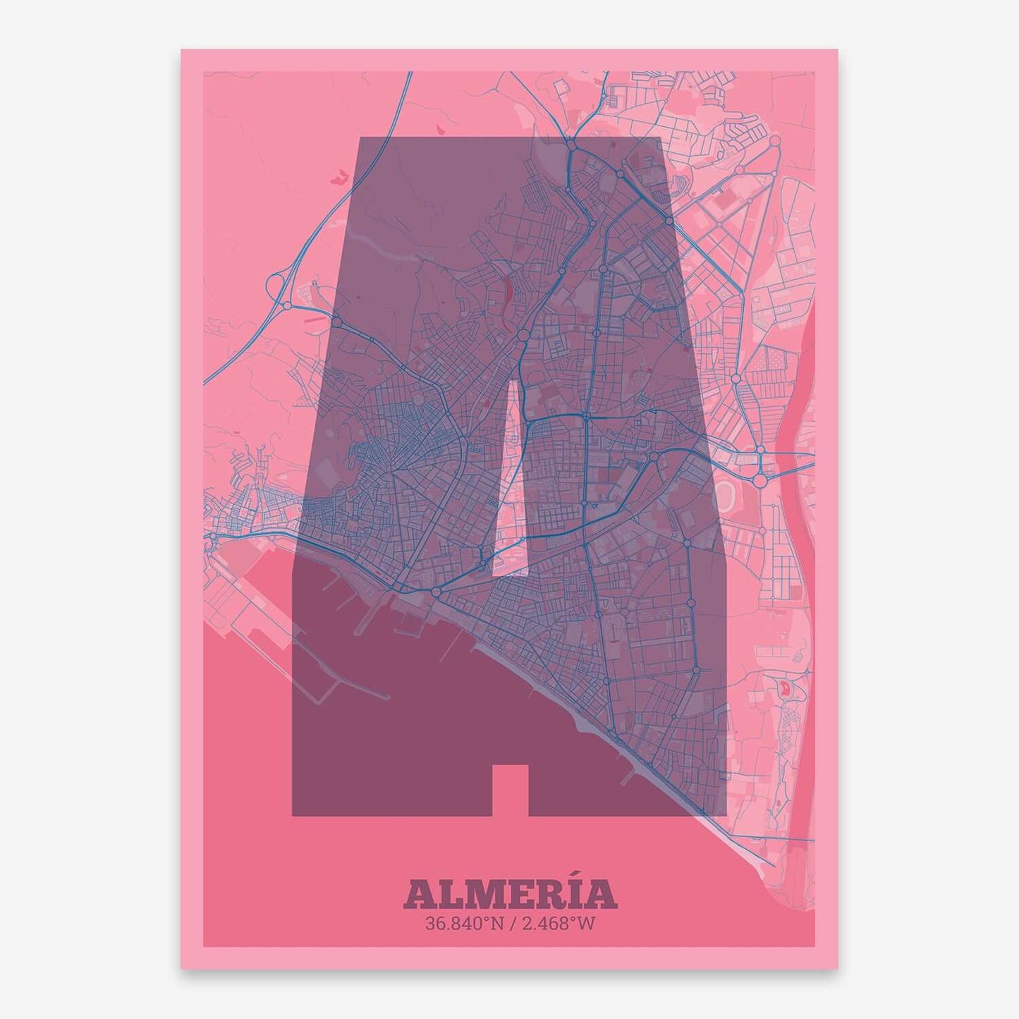 The map of Almeria composed with letters in a heavy geometric font printed on violet y pink background
