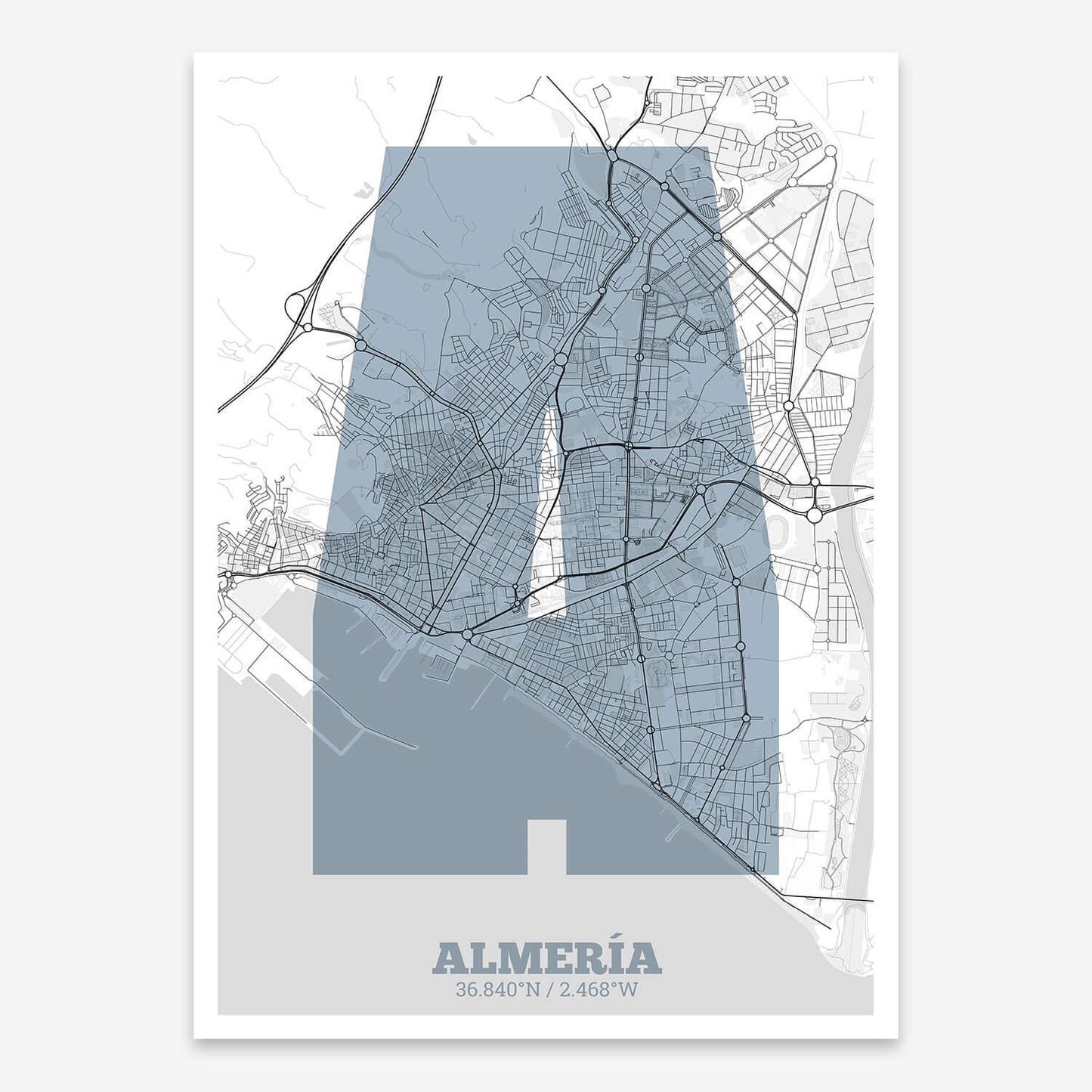 The map of Almeria composed with letters in a heavy geometric font printed on black and white