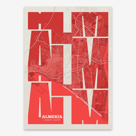 The map of Almeria composed with letters from its name or IATA code printed on red and an off-white background