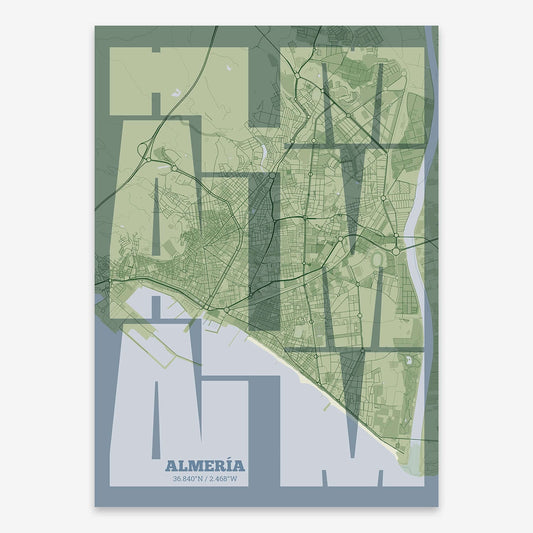 The map of Almeria composed with letters from its name or IATA code printed on two green tones