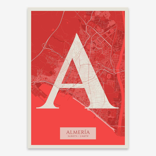 The map of Almeria composed with letters in serif font printed on red and an off-white background