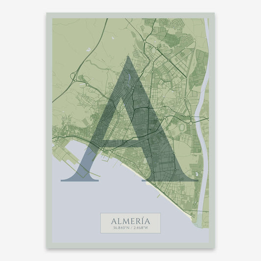 The map of Almeria composed with letters in serif font printed on two green tones