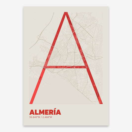 The map of Almeria composed with letters in extra light font printed on red and an off-white background