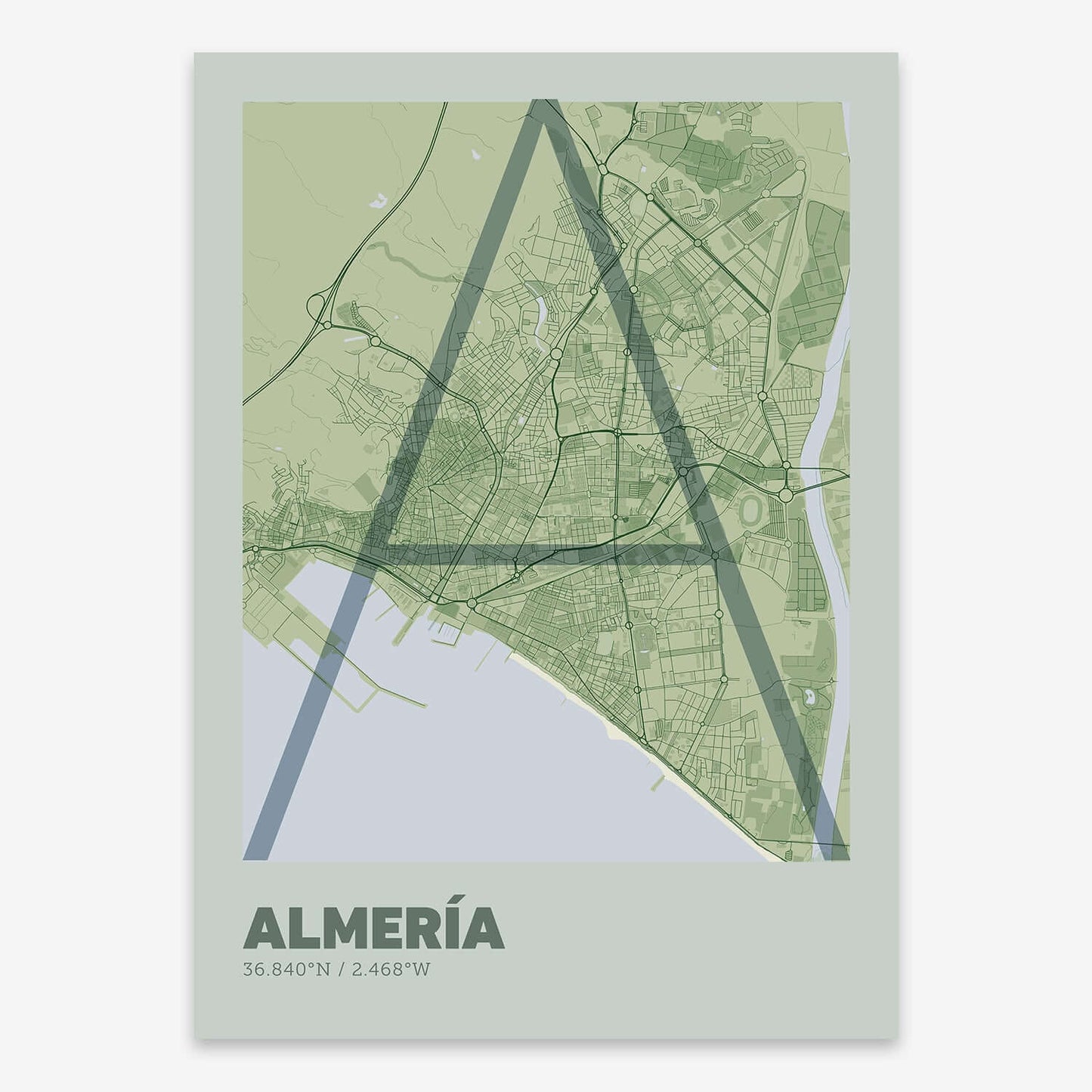 The map of Almeria composed with letters in extra light font printed on two green tones
