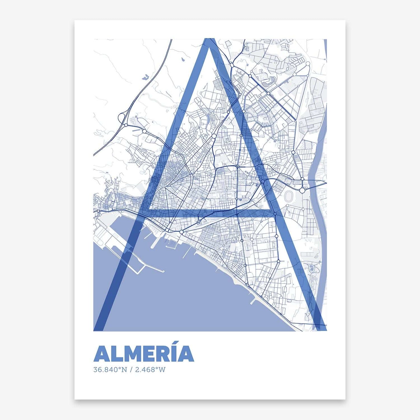 The map of Almeria composed with letters in extra light font printed on navy blue and white