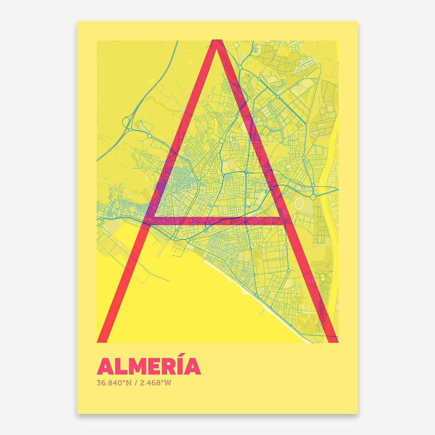 The map of Almeria composed with letters in extra light font printed on yellow and fuchsia