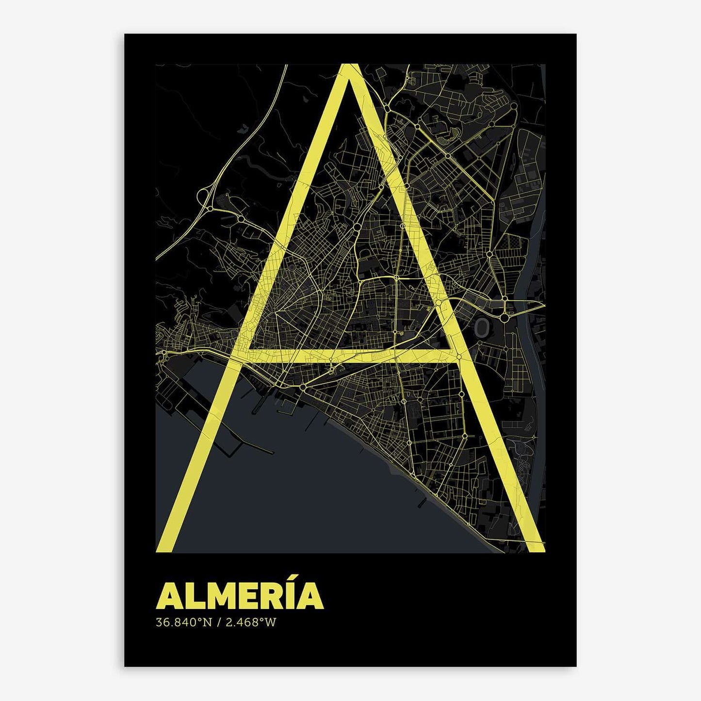 The map of Almeria composed with letters in extra light font printed on black and yellow