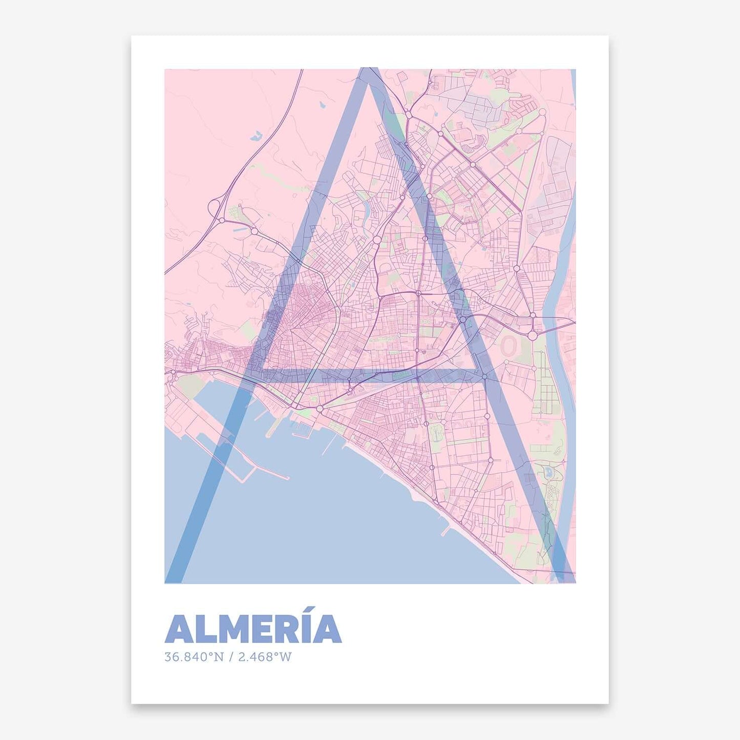The map of Almeria composed with letters in extra light font printed on pink and light blue