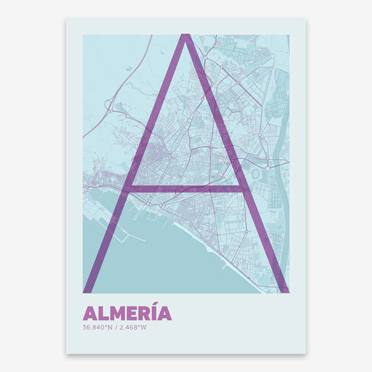 The map of Almeria composed with letters in extra light font printed on purple and light blue