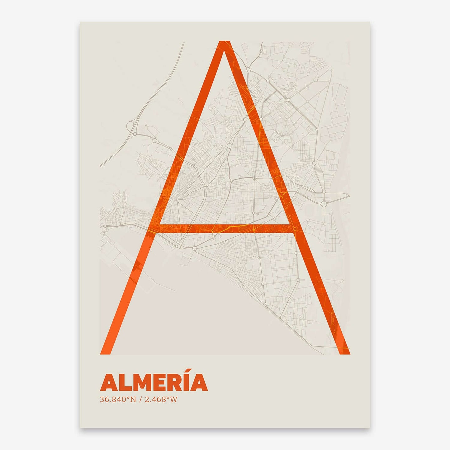 The map of Almeria composed with letters in extra light font printed on orange and an off-white background