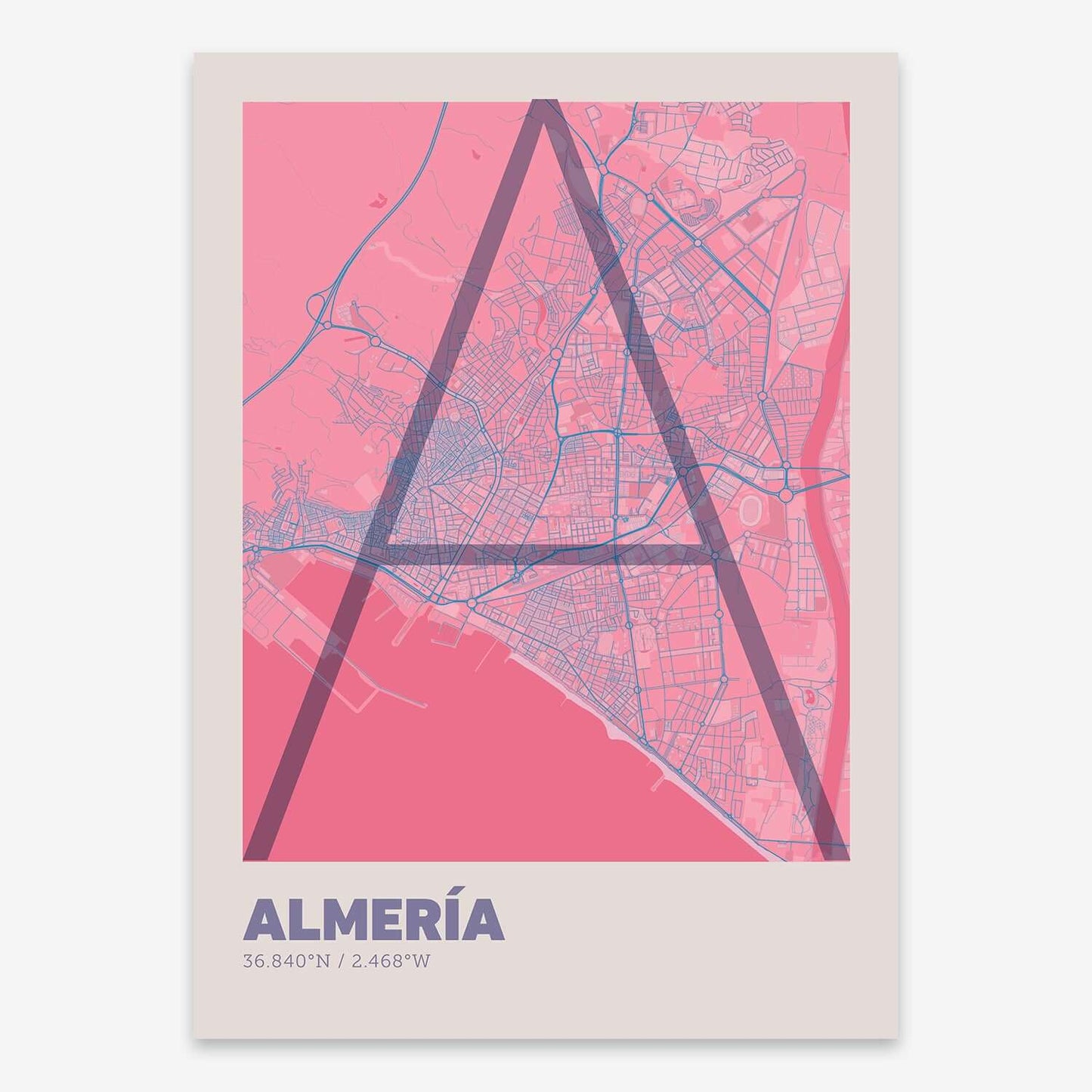 The map of Almeria composed with letters in extra light font printed on violet y pink background
