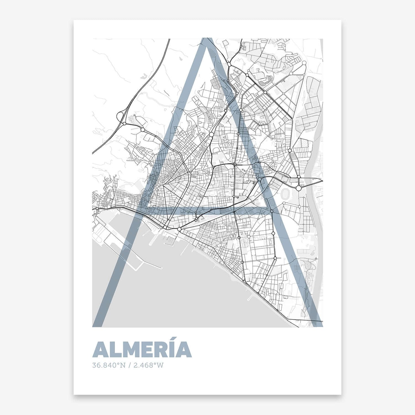 The map of Almeria composed with letters in extra light font printed on black and white