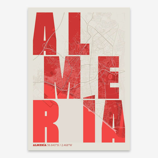 The map of Almeria with letters of its name placed randomly, designed in red and an off-white background