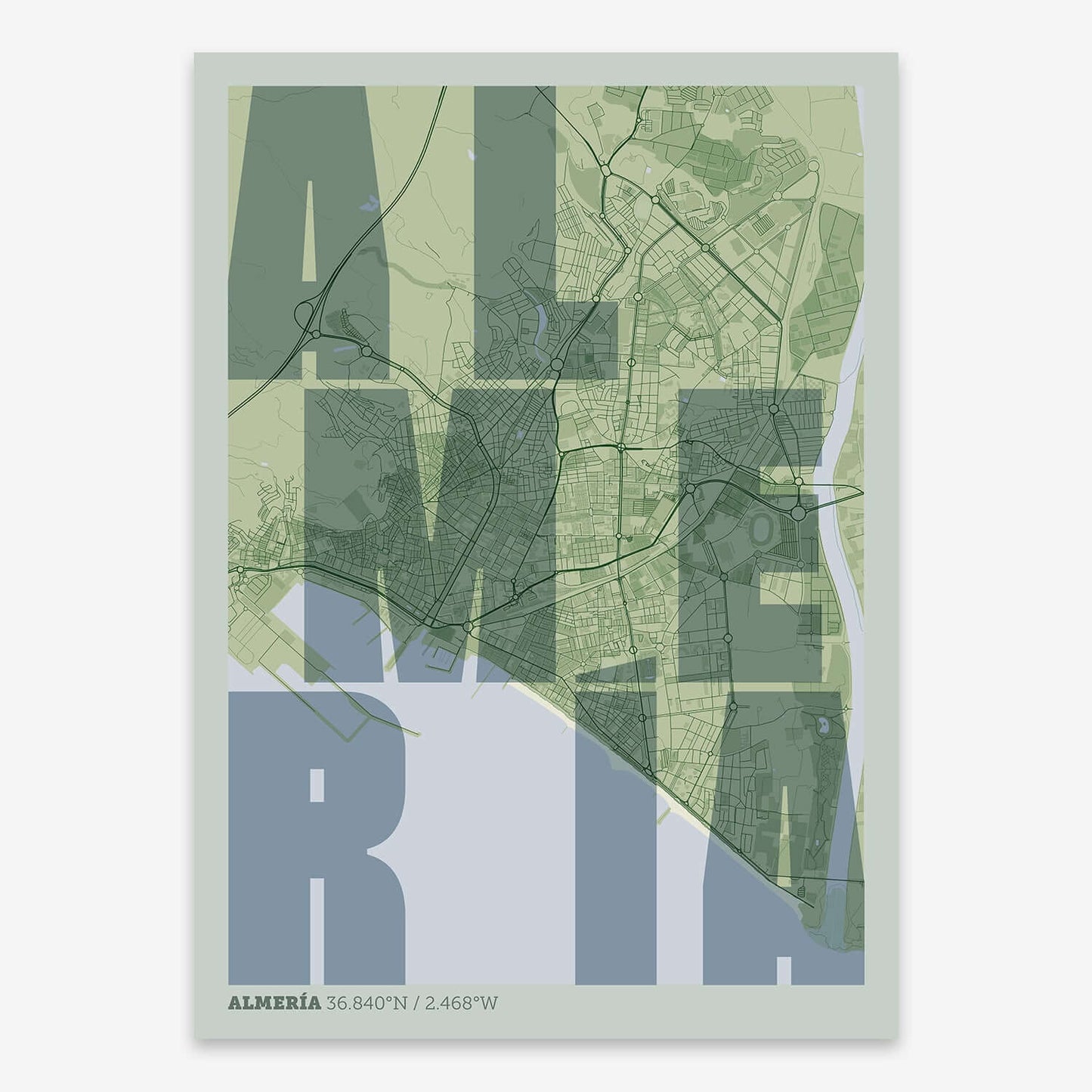 The map of Almeria with letters of its name placed randomly, designed in two green tones
