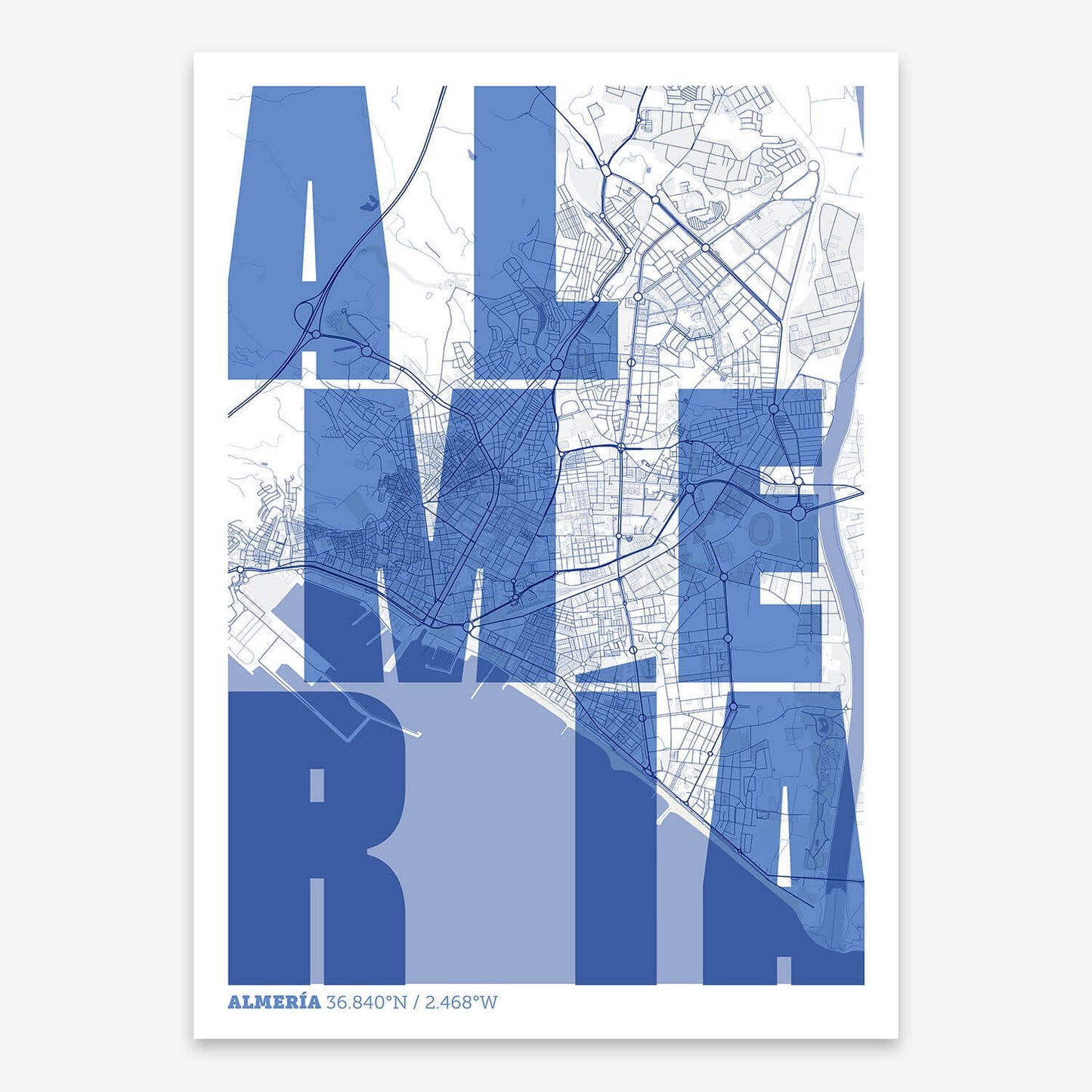 The map of Almeria with letters of its name placed randomly, designed in navy blue and white