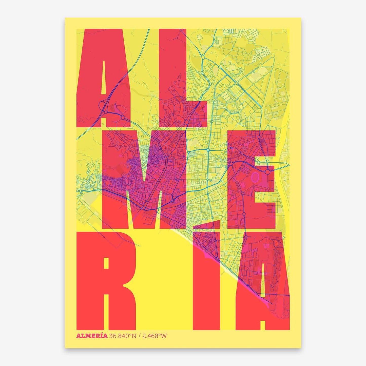 The map of Almeria with letters of its name placed randomly, designed in yellow and fuchsia