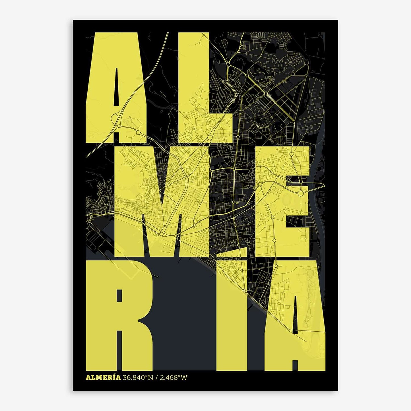 The map of Almeria with letters of its name placed randomly, designed in black and yellow