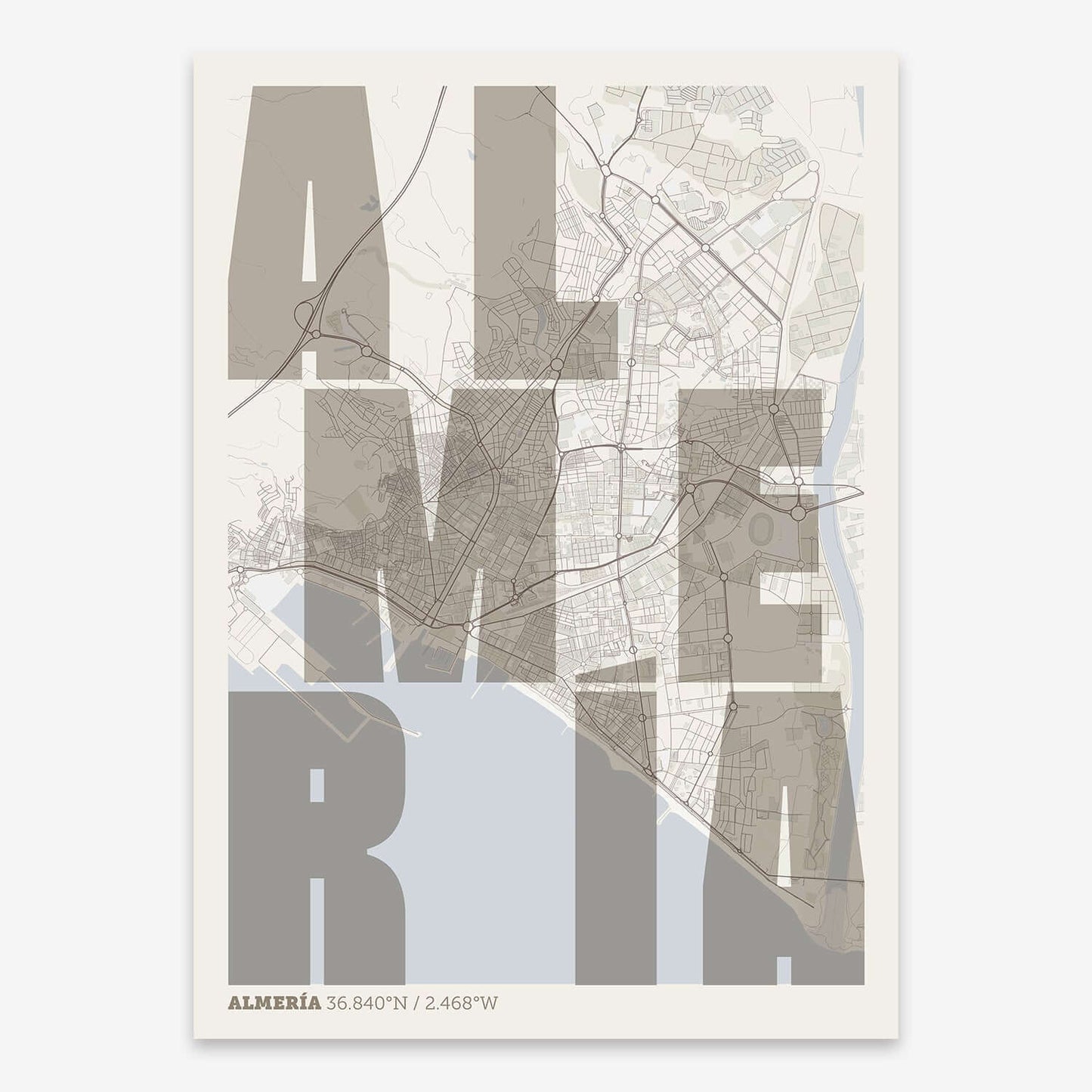 The map of Almeria with letters of its name placed randomly, designed in light brown and an off-white background