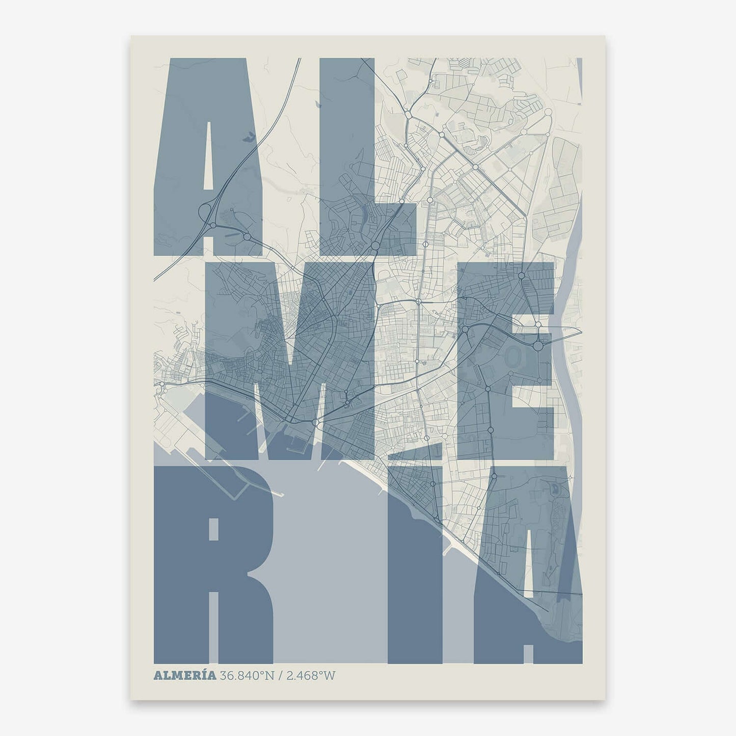 The map of Almeria with letters of its name placed randomly, designed in bluish gray and an off-white background