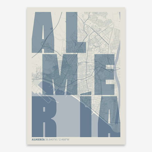 The map of Almeria with letters of its name placed randomly, designed in bluish gray and an off-white background