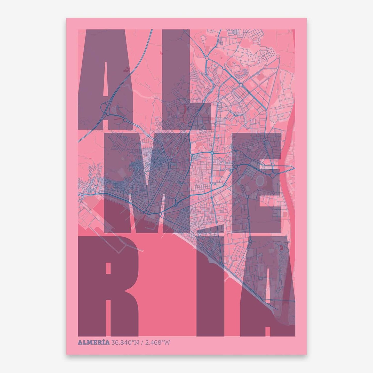 The map of Almeria with letters of its name placed randomly, designed in violet y pink background