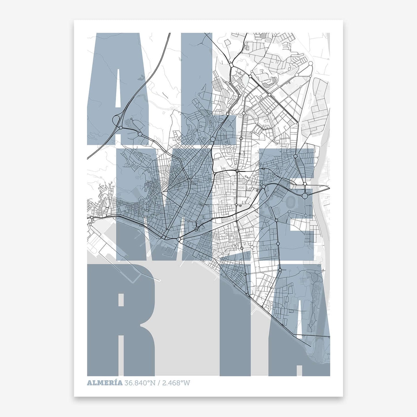 The map of Almeria with letters of its name placed randomly, designed in black and white