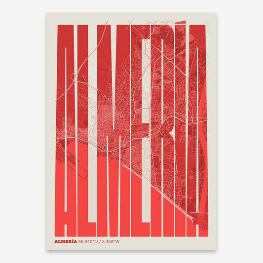 The map of Almeria and letters of its name in a giclée print designed in red and an off-white background