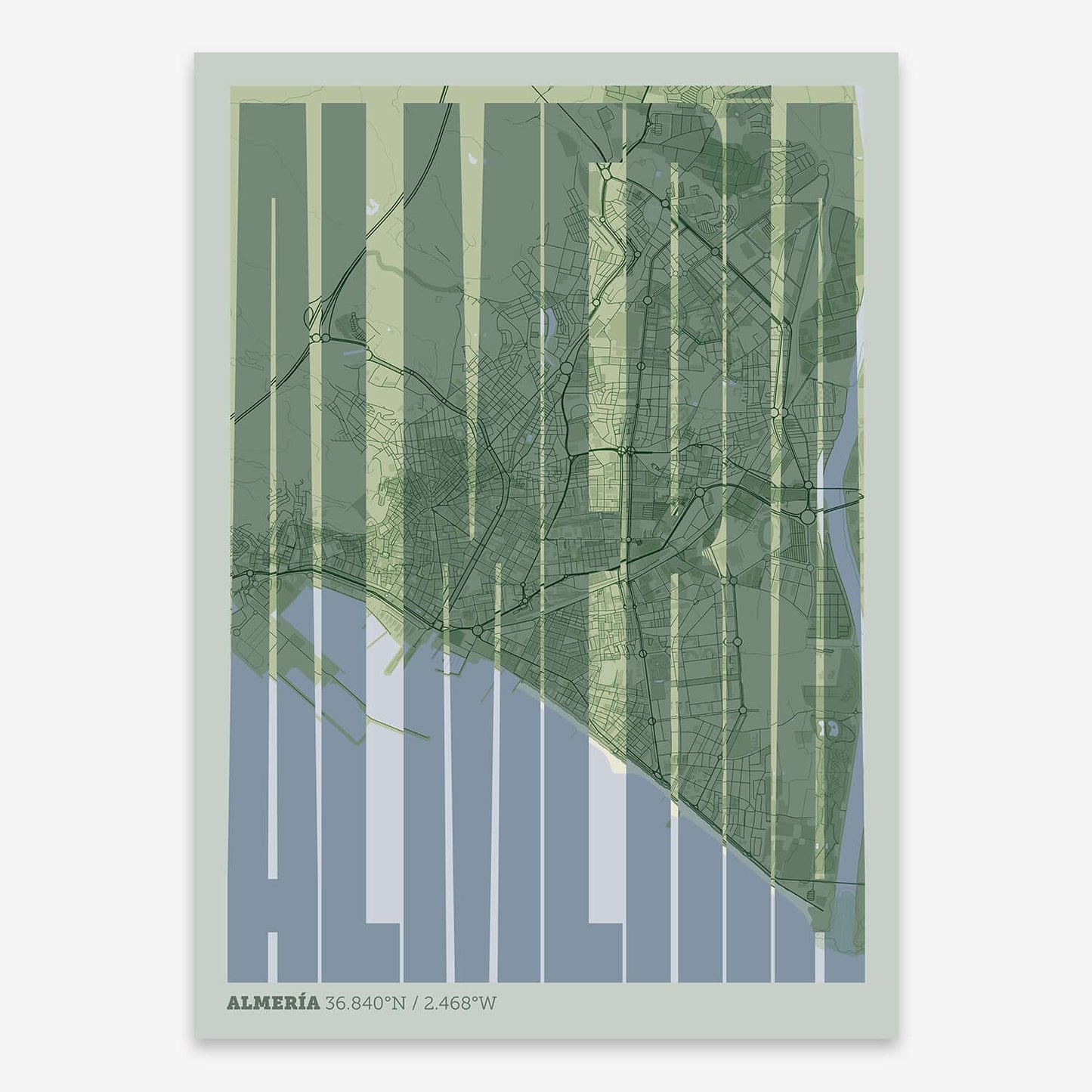 The map of Almeria and letters of its name in a giclée print designed in two green tones