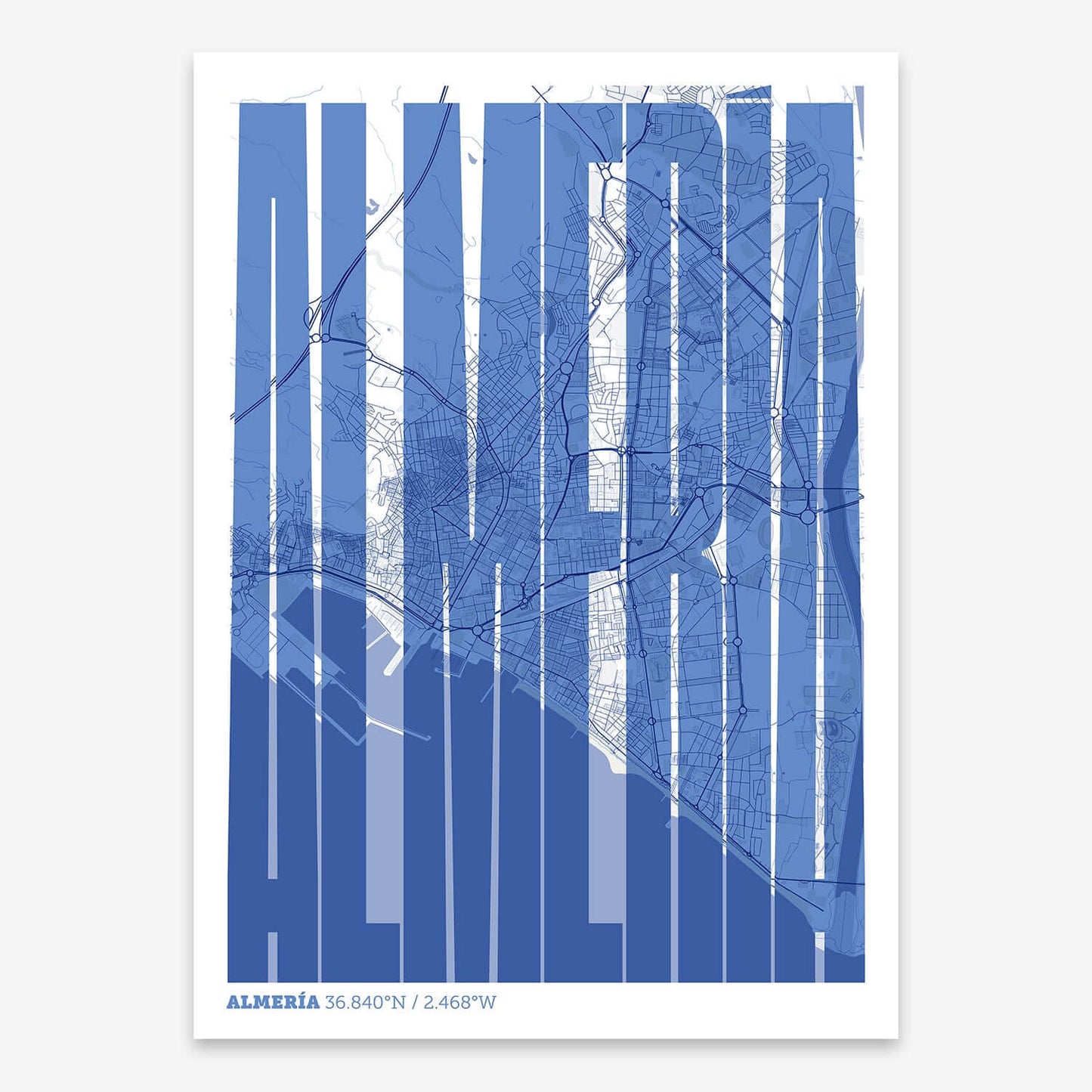 The map of Almeria and letters of its name in a giclée print designed in navy blue and white