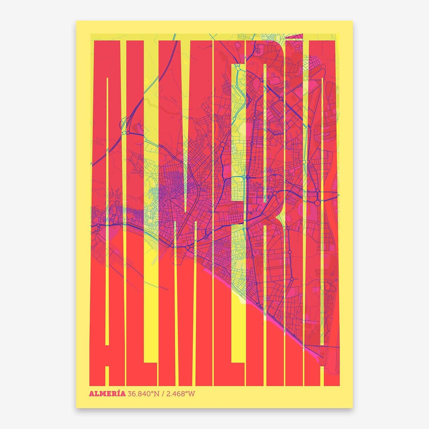 The map of Almeria and letters of its name in a giclée print designed in yellow and fuchsia