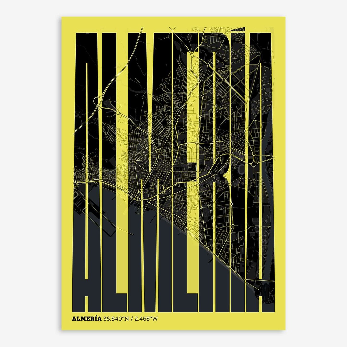 The map of Almeria and letters of its name in a giclée print designed in black and yellow