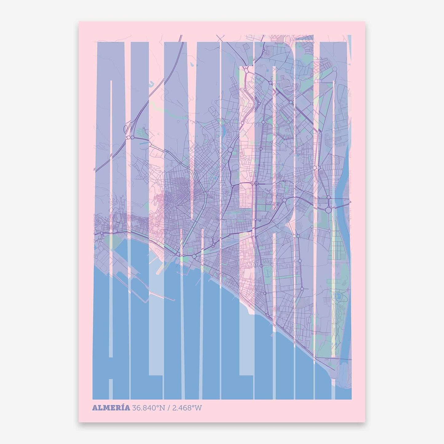 The map of Almeria and letters of its name in a giclée print designed in pink and light blue