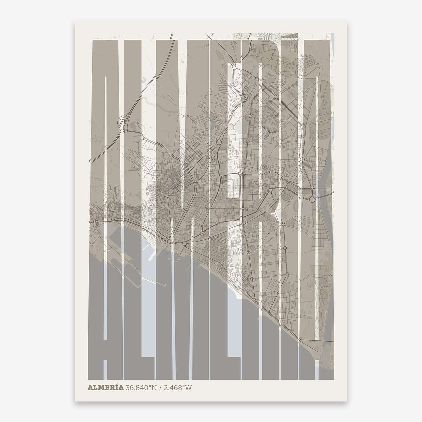 The map of Almeria and letters of its name in a giclée print designed in light brown and an off-white background