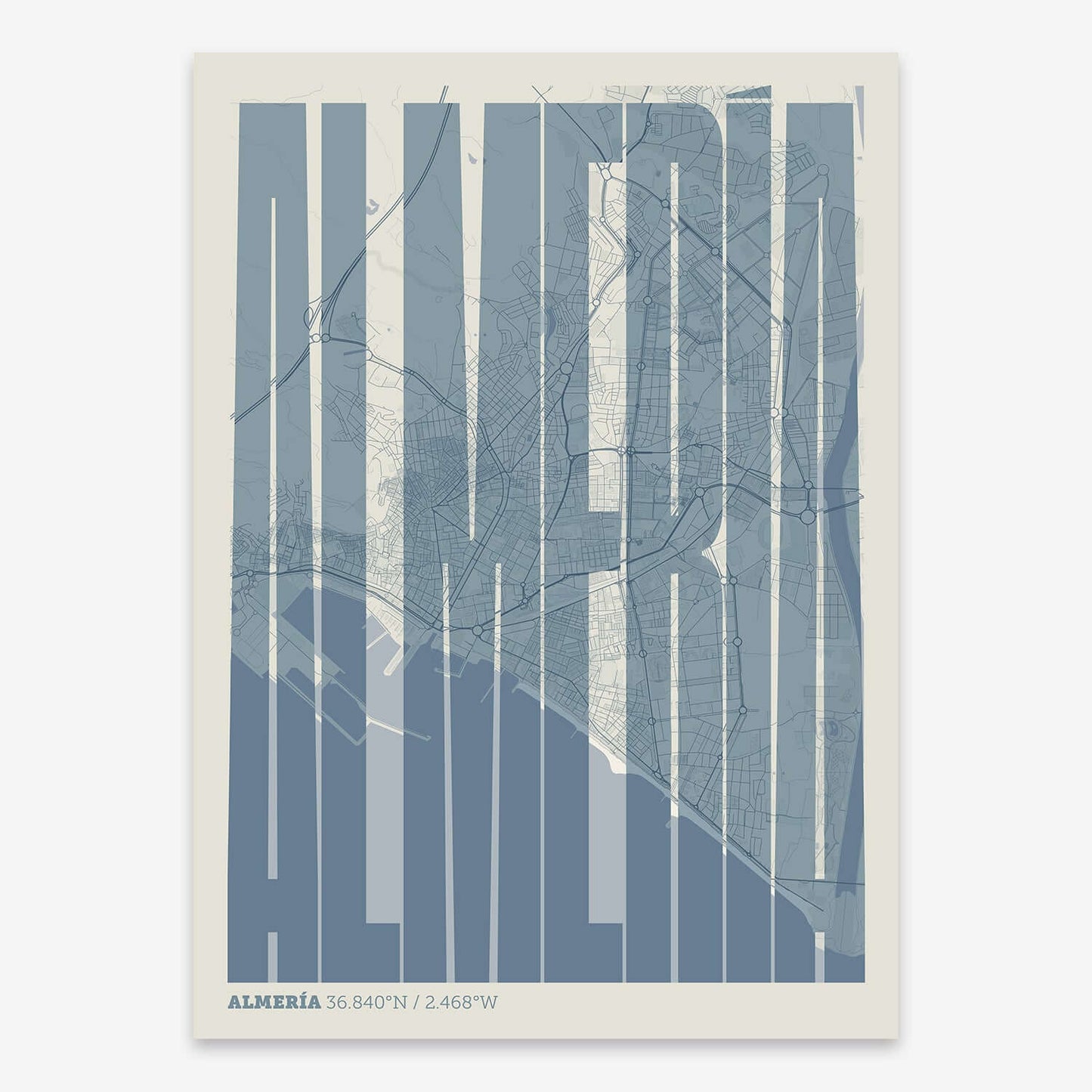 The map of Almeria and letters of its name in a giclée print designed in bluish gray and an off-white background