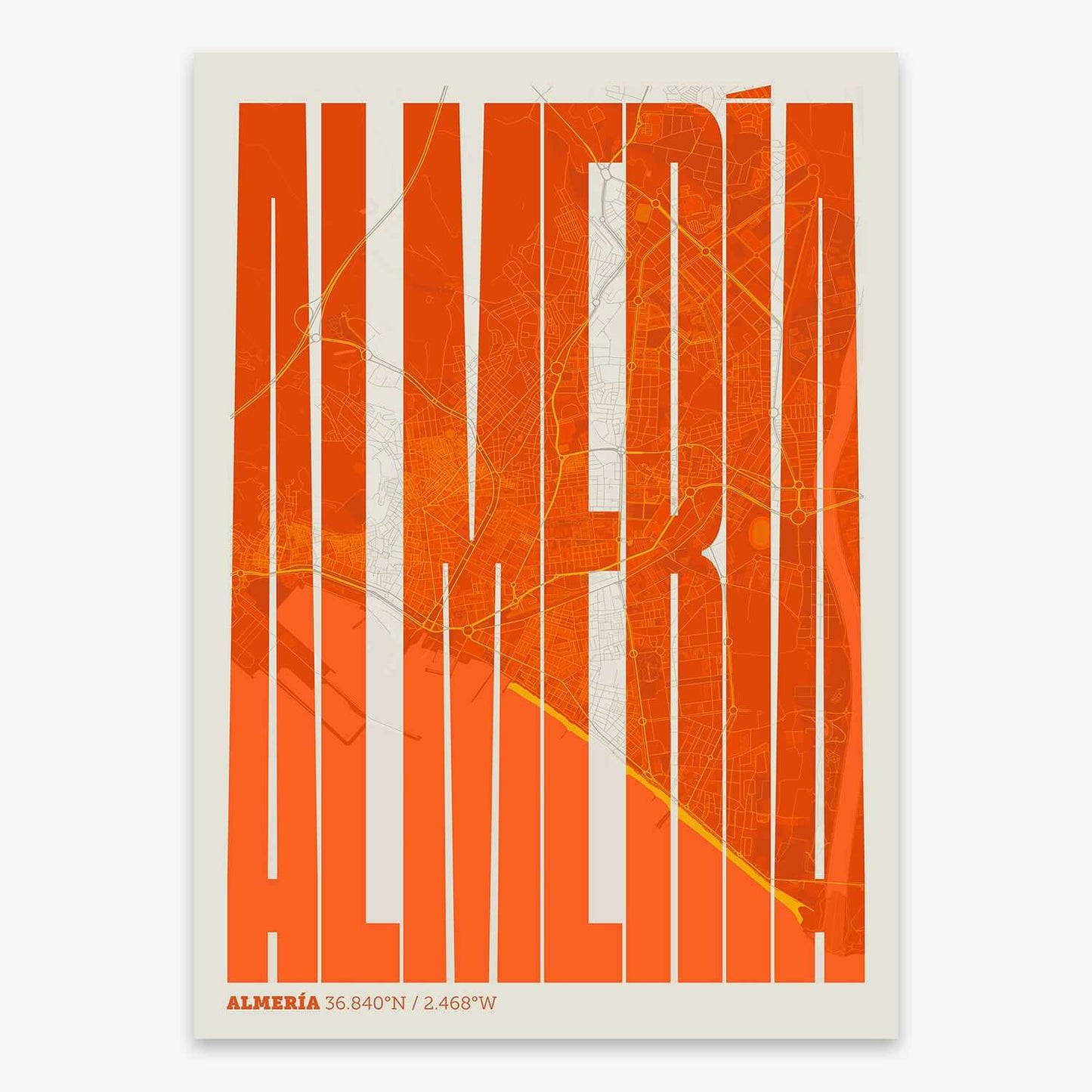 The map of Almeria and letters of its name in a giclée print designed in orange and an off-white background