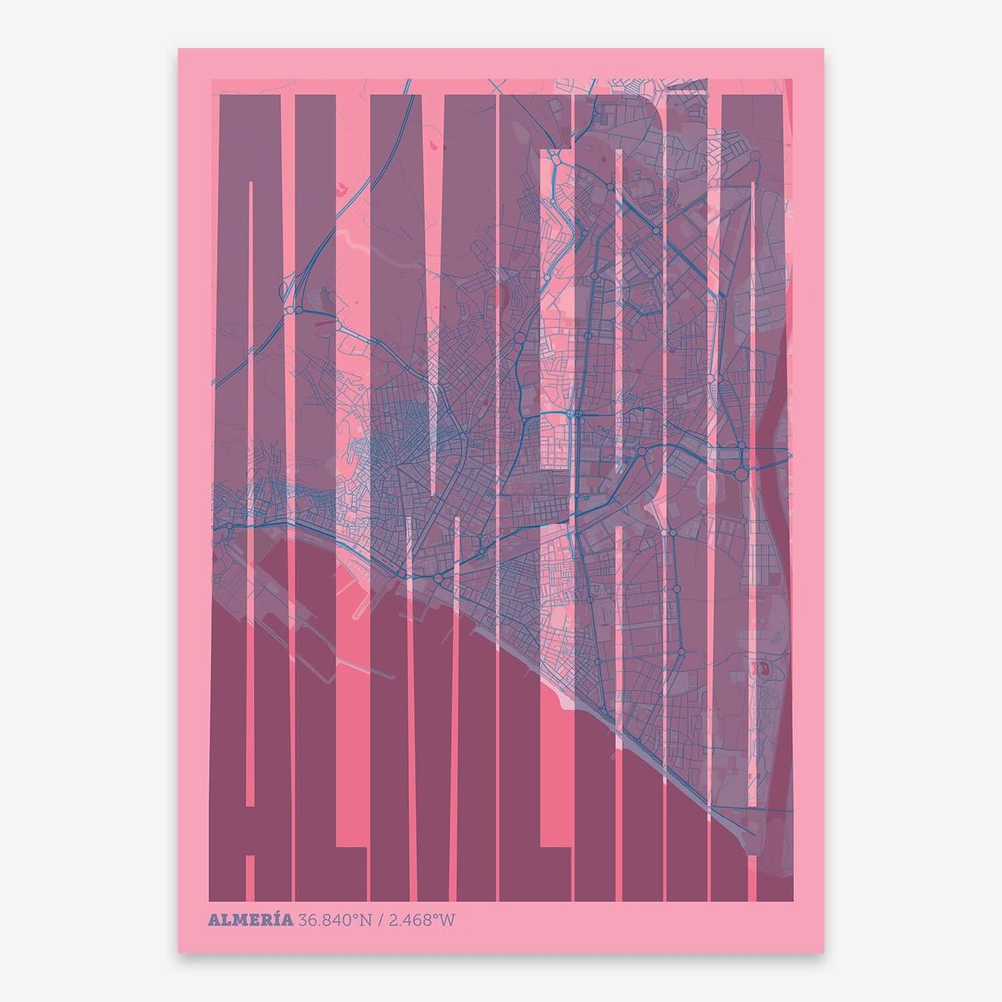 The map of Almeria and letters of its name in a giclée print designed in violet y pink background