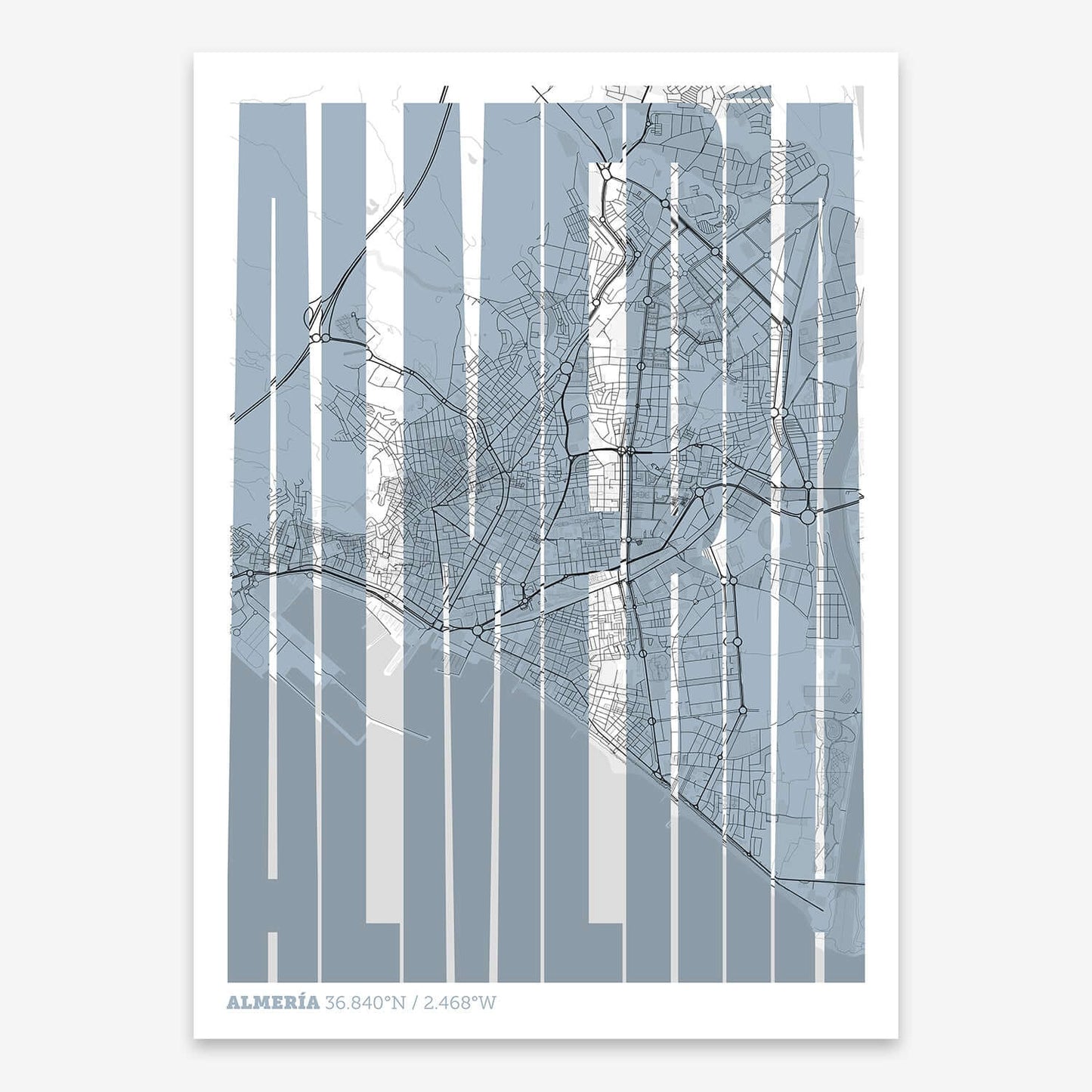The map of Almeria and letters of its name in a giclée print designed in black and white