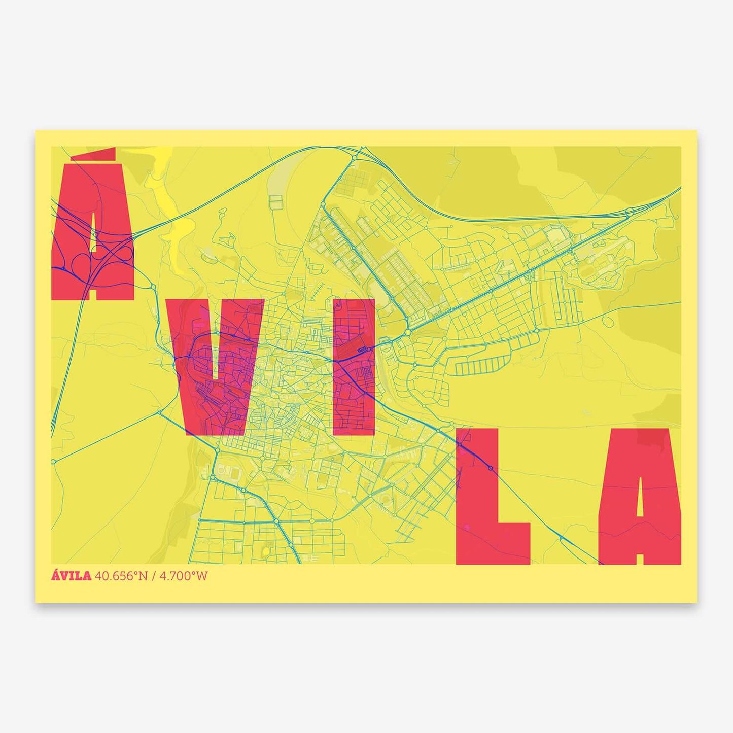 The map of Avila with letters of its name placed randomly, designed in yellow and fuchsia