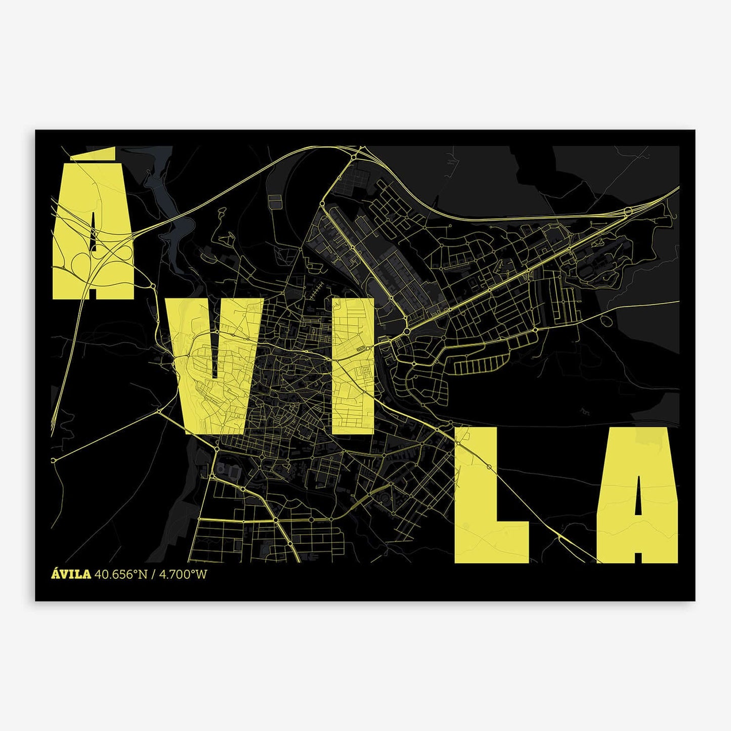 The map of Avila with letters of its name placed randomly, designed in black and yellow