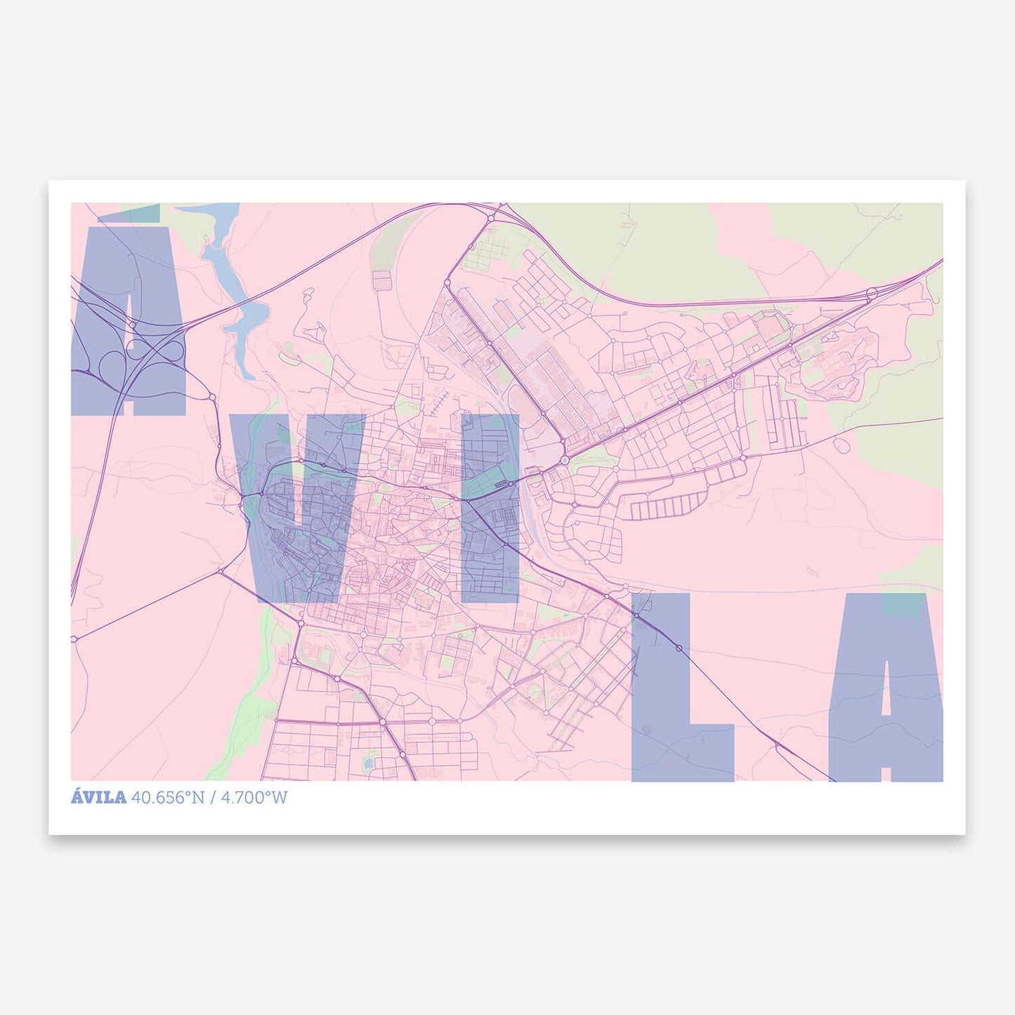The map of Avila with letters of its name placed randomly, designed in pink and light blue
